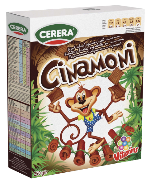 Výprodej - CERERA Cinamoni cereální pšeničné čtverečky se skořicí 250g 