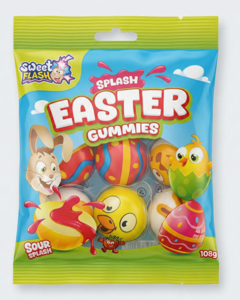 Plněné želé ve tvaru koule s velikonočním motivem  a jahodovou příchutí 108g